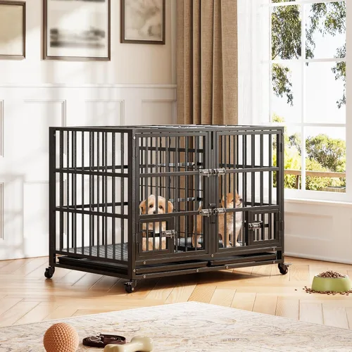 Miniatura 7 de 42-Inch Escape-Proof Dog Crate, Indestructible Steel Dog Kennel with Locking Wheels, Anxiety Relief Pet Cage for Medium/Large Dogs, Indoor/Outdoor