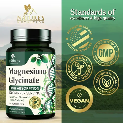 Miniatura 5 de Glicinato de magnesio 1000mg – Magnesio quelado para soporte de huesos, músculos, nervios y corazón, 500mg por cápsula para ultra absorción, soporte