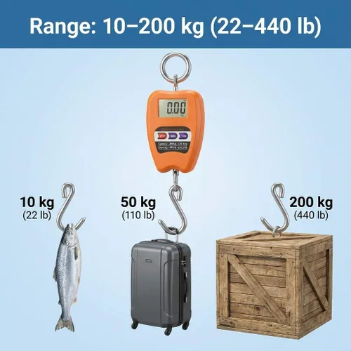 Miniatura 8 de QWORK Báscula de Peso Colgante, Báscula Digital de Grúa de 200kg/440lbs, Báscula para Pesca de Peso de Peces con Carcasa de Aluminio y Pantalla LED