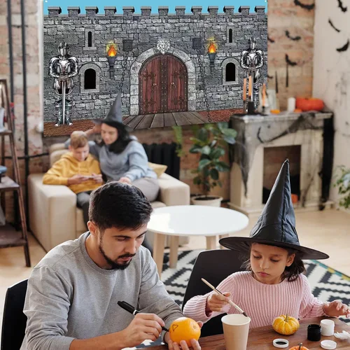 Miniatura 2 de Decoraciones medievales para fiestas, telón de fondo de pared de piedra con armadura de caballero, grande de 73 x 43 pulgadas, poliéster