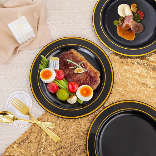 Miniatura 5 de bUCLA - 100 platos de plástico negros y dorados de 10.25 pulgadas, platos desechables con borde dorado, ideales para fiestas, graduaciones y Año