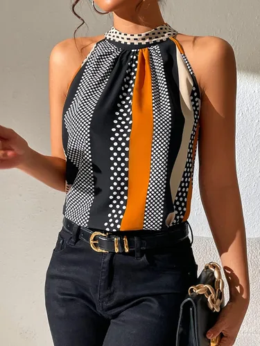 Miniatura 5 de SOLY HUX Blusas de verano para mujer, con cuello halter, diseño de lunares, a rayas, informal, sin mangas