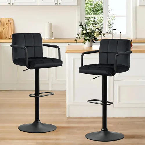 Miniatura 8 de Furniliving Taburetes de bar ajustables con respaldo, juego de 2 taburetes de bar negros, taburetes de bar de terciopelo con giro de 360°, taburetes