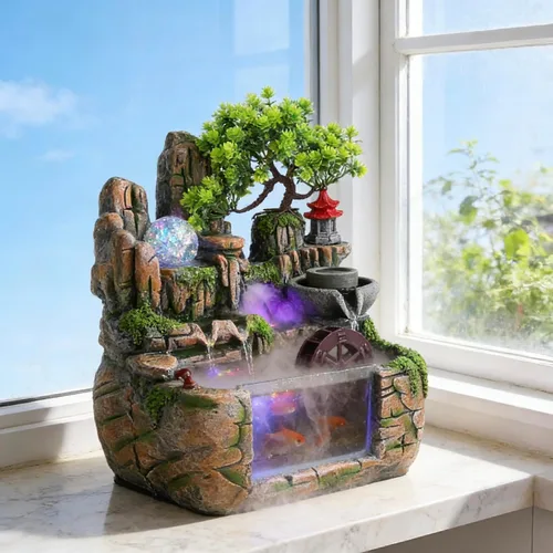 Miniatura 23 de 11.81 pulgadas Fuente de rocalla de mesa para interiores, cascada de bonsái, mini fuente de agua de rocalla con bomba automática y luz LED