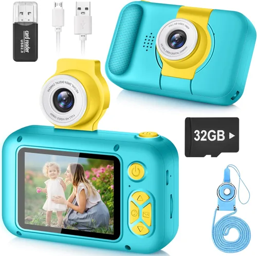 Miniatura 12 de ARNSSIEN Cámara para niños, cámara digital de juguete para niños pequeños con lente abatible de 180°, pantalla IPS de 2.4 pulgadas, tarjeta de 32