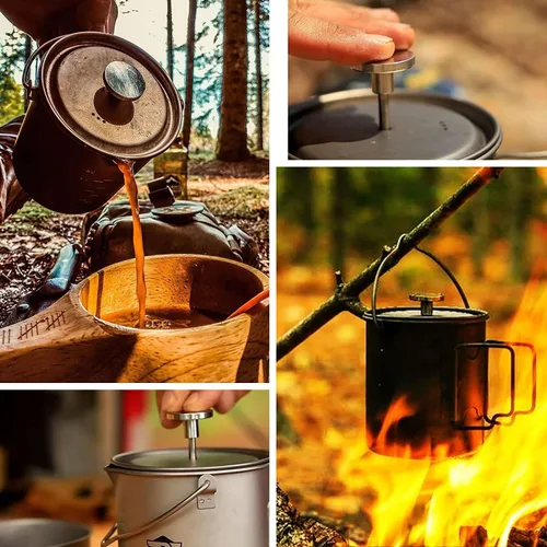 Miniatura 4 de Bestargot Olla de titanio de 750 ml, prensa francesa portátil Olla de camping ultraligera para café, cocina y supervivencia Compatible