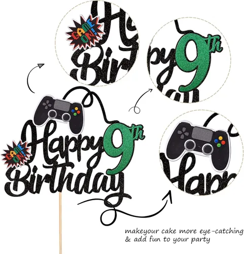 Miniatura 3 de 1 PCS Decoración para Pastel de Videojuegos Feliz 9º Cumpleaños con Purpurina Palillo para Pastel de Videojuegos Game On Controladores Nine Cheers