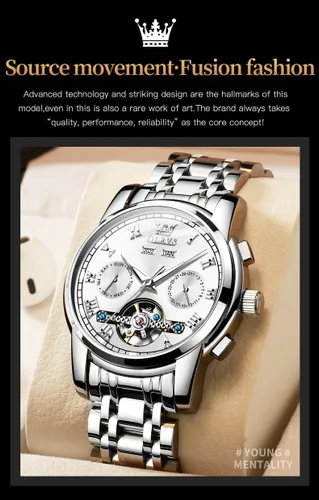 Miniatura 6 de OLEVS Reloj automático para hombre, cuerda automática, mecánica, de lujo, de acero inoxidable, multicalendario, impermeable, luminoso, reloj