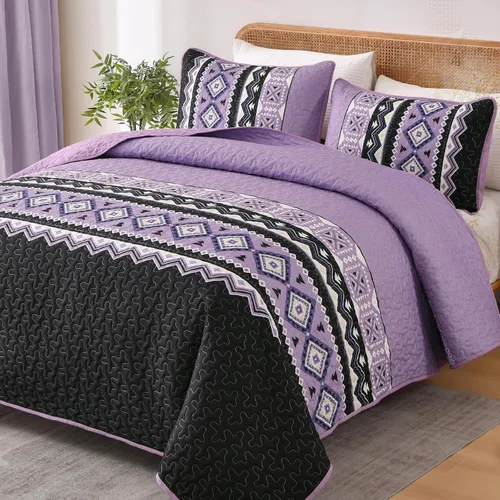 Miniatura 15 de WONGS BEDDING Juego de edredón bohemio de color beige, tamaño Queen, juego de colcha con estampado geométrico con 2 fundas de almohada, juego