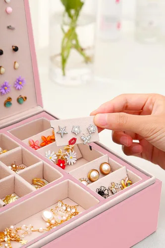 Miniatura 5 de QBestry Organizador de aretes de tuerca para niñas caja de joyería rosa para aretes collar organizador de joyas caja de aretes para mujer soporte