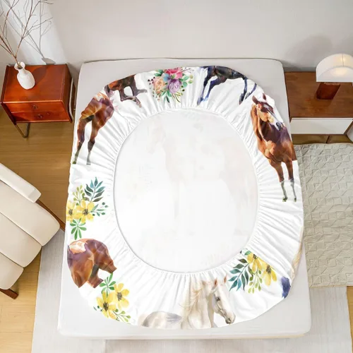 Miniatura 5 de Sábana bajera ajustable de caballo, sábanas de flores de animales de granja, tamaño individual para niños, adolescentes, adultos, dormitorio, juego
