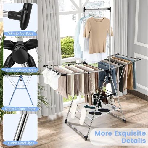 Miniatura 6 de Giantex Estante de secado de ropa, estante de secado de ropa plegable con altura ajustable de 6 niveles, diseño de colgador alto, clips laterales