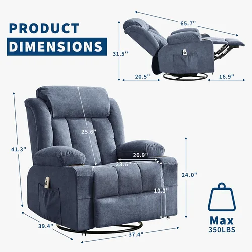 Miniatura 2 de 360° Swivel Rocker Recliner Chair with Heat and Massage, 3 Positions, USB Ports, Side Pockets, Cup Holders, for Living Room, Bedroom, Blue Marrón