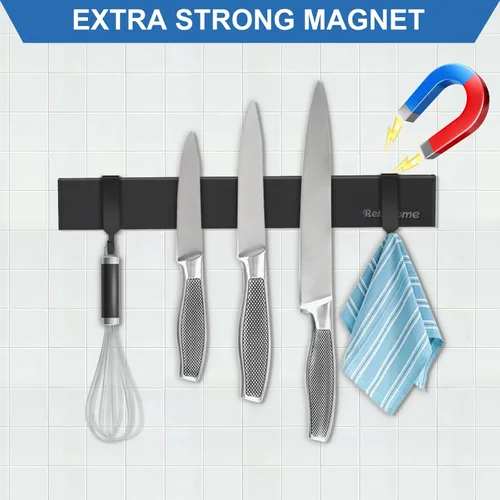 Miniatura 2 de Soporte magnético para cuchillos para pared, tira magnética negra de 10 pulgadas sin taladrar con 2 ganchos, soporte magnético para cuchillos