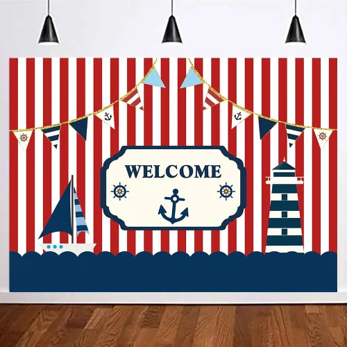 Miniatura 6 de Fondo de fotografía para fiestas temáticas náuticas de 7 x 5 pies, color rojo y blanco, a rayas marinas, barco, decoración de fondo para niños