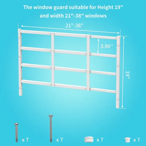 Miniatura 5 de Protector de seguridad fijo para ventana de 19 x 38 pulgadas, paquete de 2 unidades de ancho ajustable que evita caídas accidentales, sin salida
