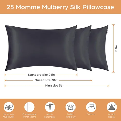Miniatura 7 de Funda de almohada de seda para cabello y piel, paquete de 2 fundas de almohada 100% seda de morera 25 momme, 600 hilos, fundas de almohada de seda
