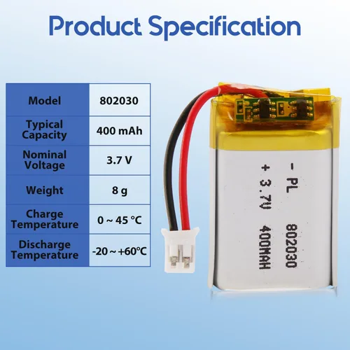 Miniatura 4 de Batería Lipo de 3.7V 400mAh 802030 Batería recargable de polímero de litio con conector JST PH2.0.000 in para altavoz Bluetooth, GPS, reloj