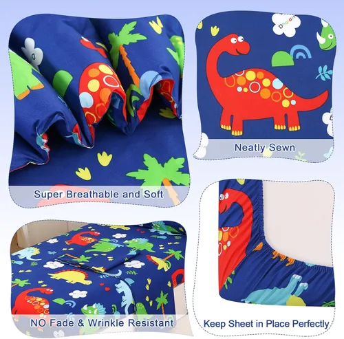 Miniatura 7 de Juegos de ropa de cama para niños pequeños para niños, juego de edredón Premium de 4 piezas de dinosaurio para niños pequeños, cama azul en una