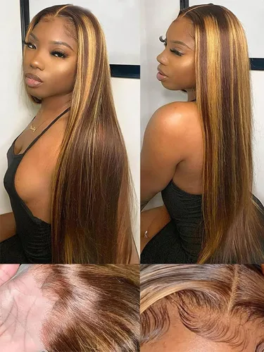 Miniatura 8 de Ladoux Pelucas de cabello humano lacio con reflejos degradados de 13 x 6 pulgadas, encaje frontal transparente HD, 14 pulgadas, densidad del 180%