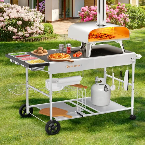 Miniatura 8 de Mesa de Horno de Pizza con Estación de Adiciones, Carro de Horno de Pizza al Aire Libre, Mesa de Parrilla para Exterior, Carro de Parrilla, Carro