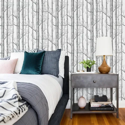 Miniatura 4 de VEELIKE Papel tapiz de abedul gris para despegar y pegar, papel tapiz minimalista de bosque de abedules para dormitorio, baño, paredes de acento
