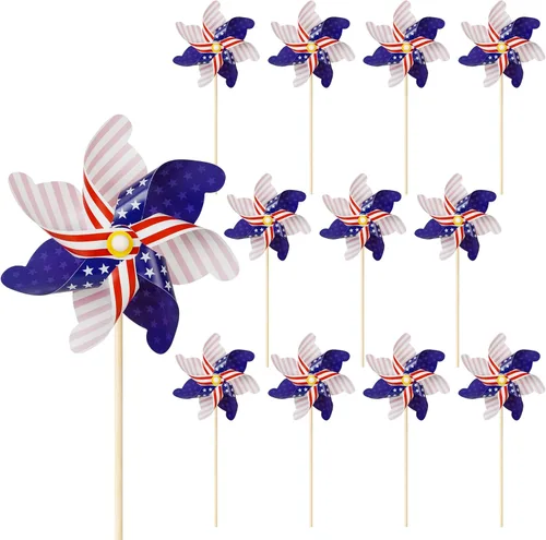 Miniatura 10 de HOOSUN 12 piezas de molinillos patrióticos con bandera americana para patio y jardín, molinillos rojos blancos y azules decorativos patrióticos