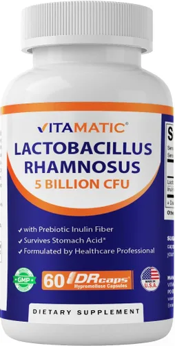Vitamatic Lactobacillus Rhamnosus 5 mil millones por cápsula DR (10 mil millones por 2 cápsulas) – 60 unidades – Apoyo digestivo avanzado e