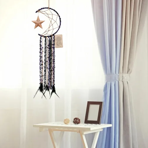 Miniatura 7 de Dremisland Atrapasueños de luna hecho a mano, medio círculo, diseño de luna atrapasueños, plumas, colgando con estrella, decoración del hogar, Morado
