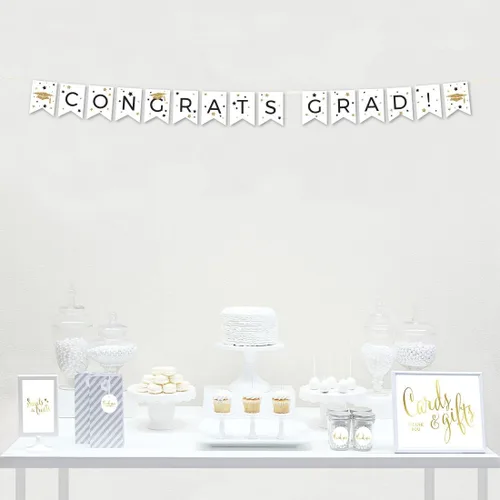Miniatura 2 de Andaz Press Colección de fiesta de graduación con purpurina blanca y dorada, banderín colgante con cuerda, Congrats Grad!, 5 pies, 1 juego