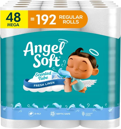Papel higiénico suave Angel Soft con tubo perfumado de fresco aroma a lino, 48 mega rollos = 192 rollos regulares, suave y fuerte papel higiénico