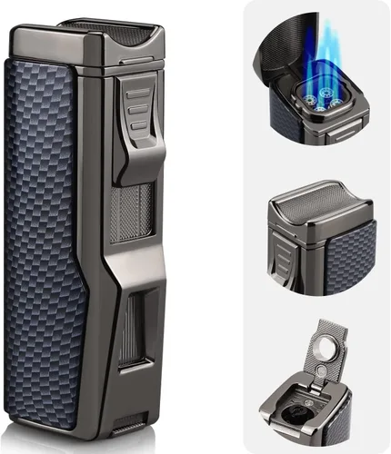 Encendedor de puros con llama de 4 chorros, butano recargable, resistente al viento con punzón y soporte, regalo para hombres y mujeres (azul negro,
