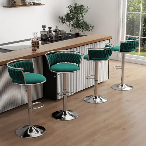 Miniatura 23 de Juego de 2 taburetes de bar giratorios de 360°, silla de bar de terciopelo ajustable a altura de mostrador moderna, taburete de metal plateado
