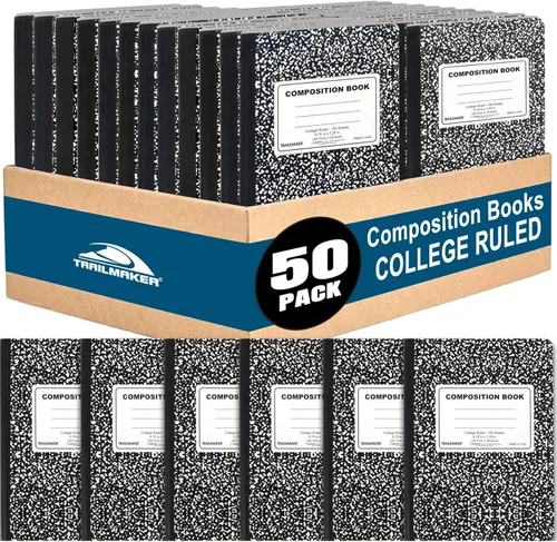 Trail maker Paquete de 50 cuadernos de composición a granel, cubierta de mármol con rayas universitarias, 200 páginas (100 hojas), 9.75 x 7.5,