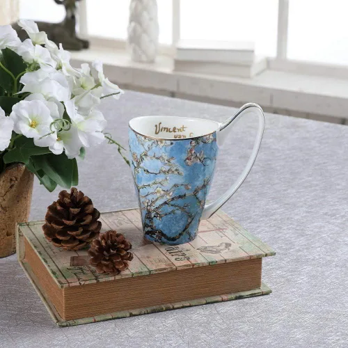 Miniatura 3 de Taza de café de porcelana de hueso YBK Tech, taza grande de 16oz de té - Diseño inspirado en las pinturas de Van Gogh (flor de albaricoque)