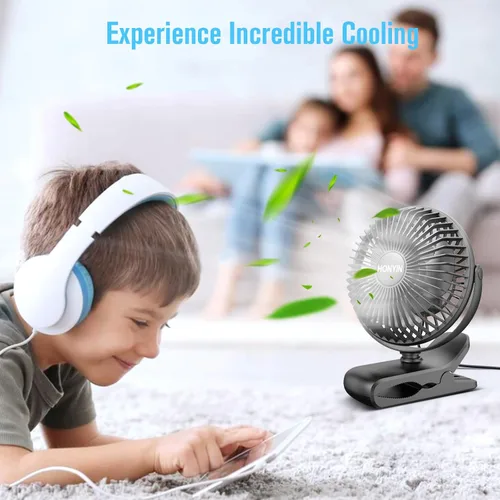 Miniatura 11 de HONYIN Escritorio pequeño de rotación de 720° y ventilador de clip con abrazadera resistente, 3 velocidades, silencioso ventilador de refrigeración