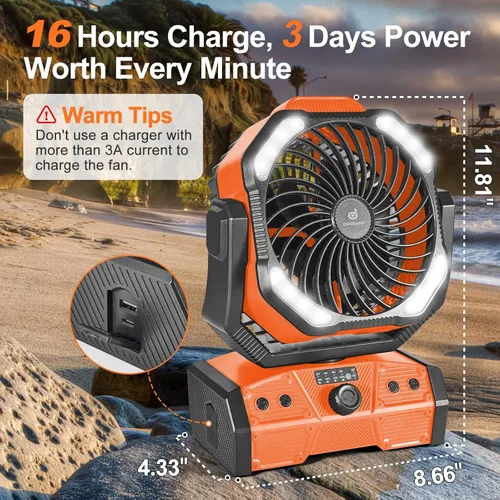 Miniatura 5 de Odoland Ventilador de camping de 40,000 mAh con luz LED, ventilador de escritorio oscilante a batería con control remoto y gancho, ventilador Naranja