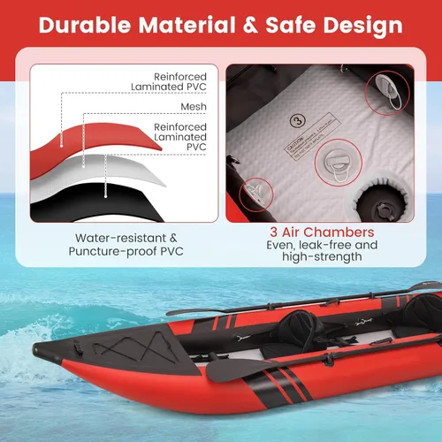 Miniatura 4 de GYMAX Kayak inflable, kayak tándem de 12.5 pies y 507 libras con 2 remos de aluminio, 2 asientos acolchados, reposapiés, 2 aletas, bomba de mano