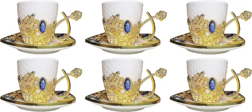 Miniatura 3 de Chandler Juego de tazas de café de porcelana blanca con acento acrílico dorado y gema azul, 6 tazas y 6 platillos, caja de regalo incluida (redonda)