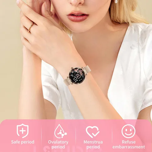 Miniatura 7 de Reloj inteligente para mujer Android/iOS, IP68, impermeable, con llamadas Bluetooth, recordatorio menstrual femenino (2 correas doradas)