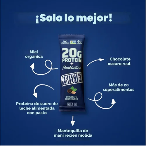 Miniatura 8 de Perfect Bar Protein + Prebiotics Barra de proteína de chocolate y menta, 0.71 onzas de proteína, suero alimentado con pasto, 0.26 oz de fibra