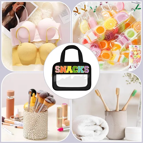 Miniatura 7 de Bolsa de Maquillaje Transparente con Letras de Chenilla, Bolsa de Cosméticos Preppy Transparente, Bolsas de Snacks Transparentes con Cremallera