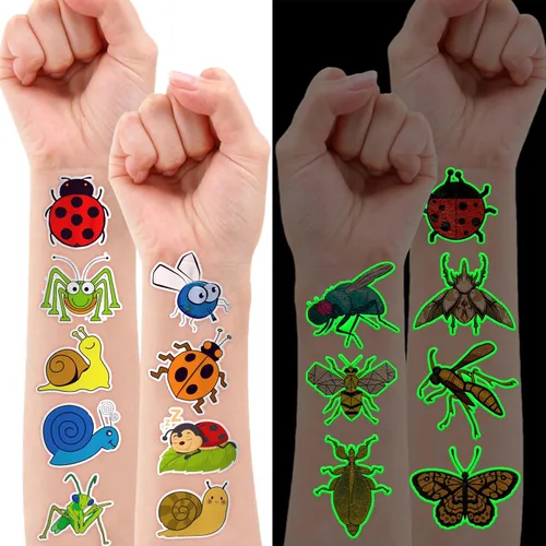 Miniatura 2 de 96 tatuajes temporales que brillan en la oscuridad para niños, calcomanías luminosas de insectos para niños y niñas, recuerdos de fiesta