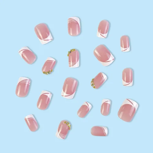 Miniatura 4 de LPOODDNU Uñas postizas cortas de punta francesa a presión, uñas postizas cuadradas, uñas acrílicas rosas con diamantes de imitación, puntas de uñas