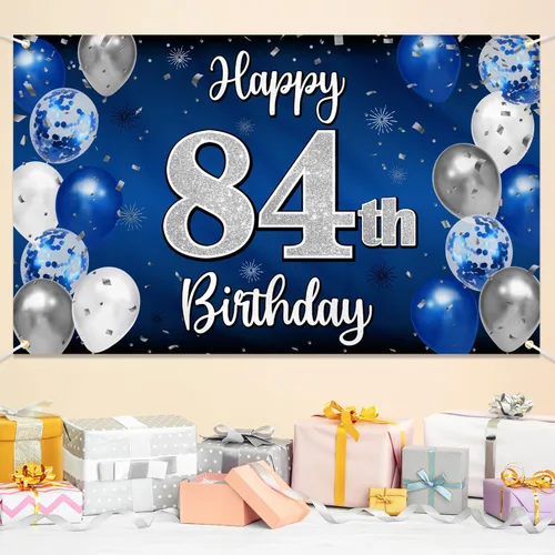 Miniatura 329 de Decoración de feliz cumpleaños 35, globo azul y plateado de 35 años, cartel grande de telón de fondo de cumpleaños, suministros para fiesta de 35th
