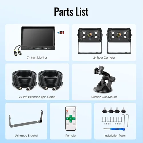 Miniatura 8 de Sistema de cámara de respaldo con 2 cables de 7 pulgadas, cámara de visión trasera DVR de doble pantalla, IP69 impermeable visión nocturna IR, 20G a