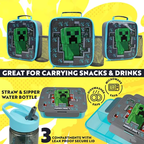 Miniatura 2 de Get Trend Bolsa de almuerzo Minecraft, fiambrera, botella de agua para niños, juego de 3 piezas, caja bento, contenedor aislado para aperitivos
