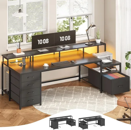 Miniatura 9 de SEDETA Escritorio para computadora de 75'' con 5 cajones, toma de corriente y luces LED, escritorio de oficina en casa con cajón de archivos, Negro