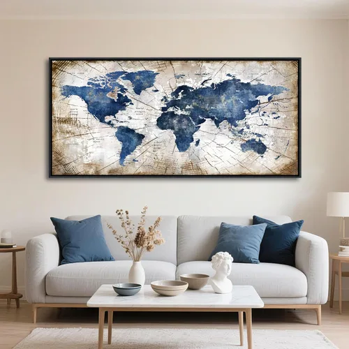 Miniatura 2 de Lienzo de mapa del mundo para pared, arte abstracto de mapas del mundo azul marino para pared, arte de pared moderno vintage para oficina, cuadros