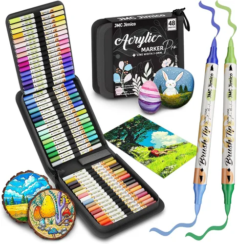 Juego profesional de marcadores acrílicos de 96 colores, puntas de pincel de doble color, 48 piezas, estuche negro con diseño floral, ancho de línea